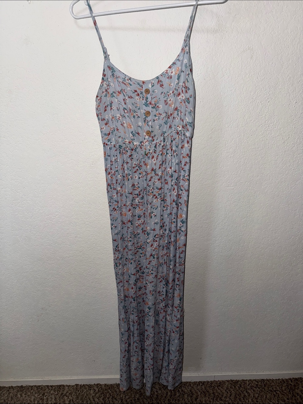 Pink Rose Light Blue Floral Maxi Dress with Buttons